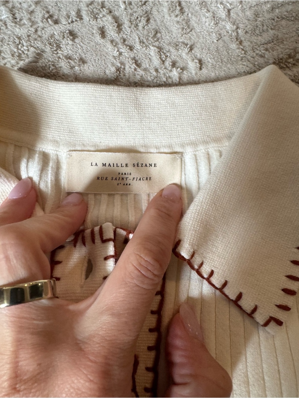 Sezane Cream Ribbed Polo Sweater with Brown Trim - Picture 3 of 4